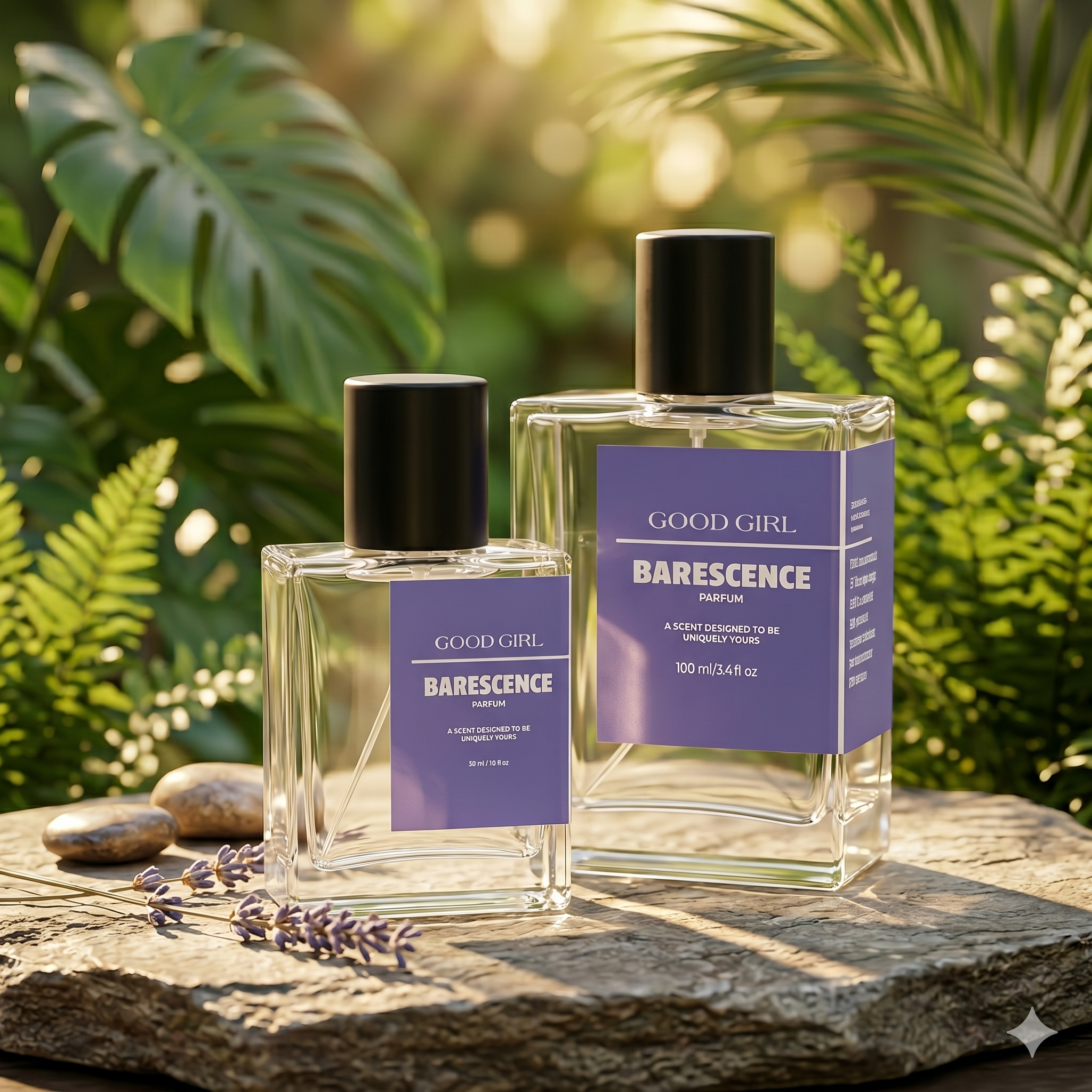 Two bottles of 'Good Girl' Barescence perfume on a stone surface with a natural background.