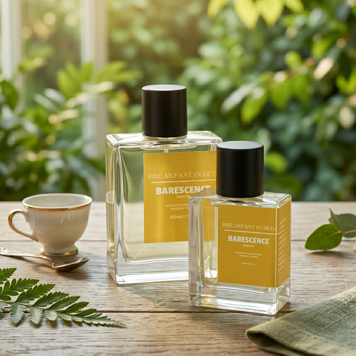 Two bottles of Barescence perfume on a wooden table with a cup and leaves in the background.