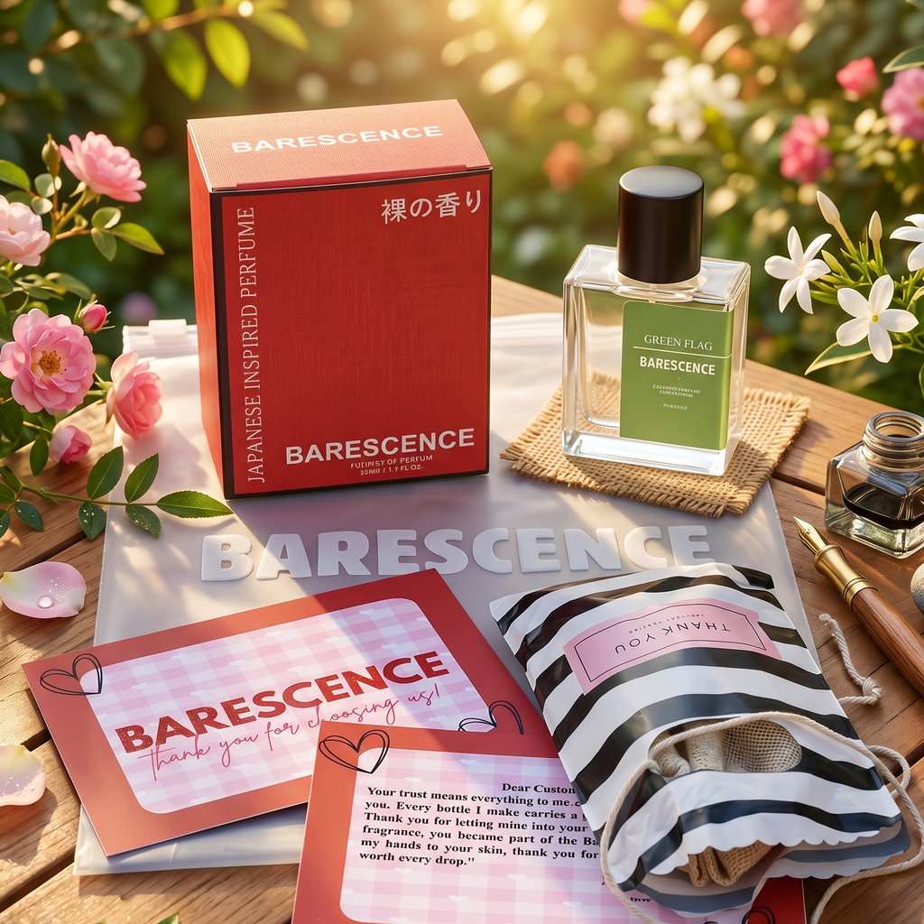 Barescence perfume bottle, packaging, and accessories on a wooden surface with flowers in the background