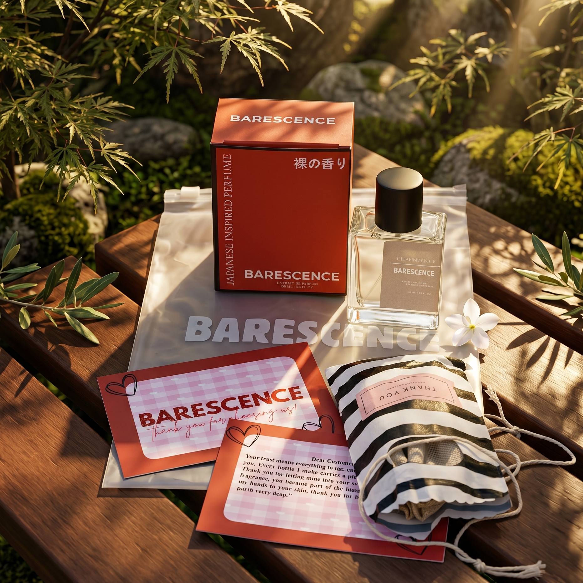 Barescence perfume set with packaging and sachet on a wooden surface with greenery in the background