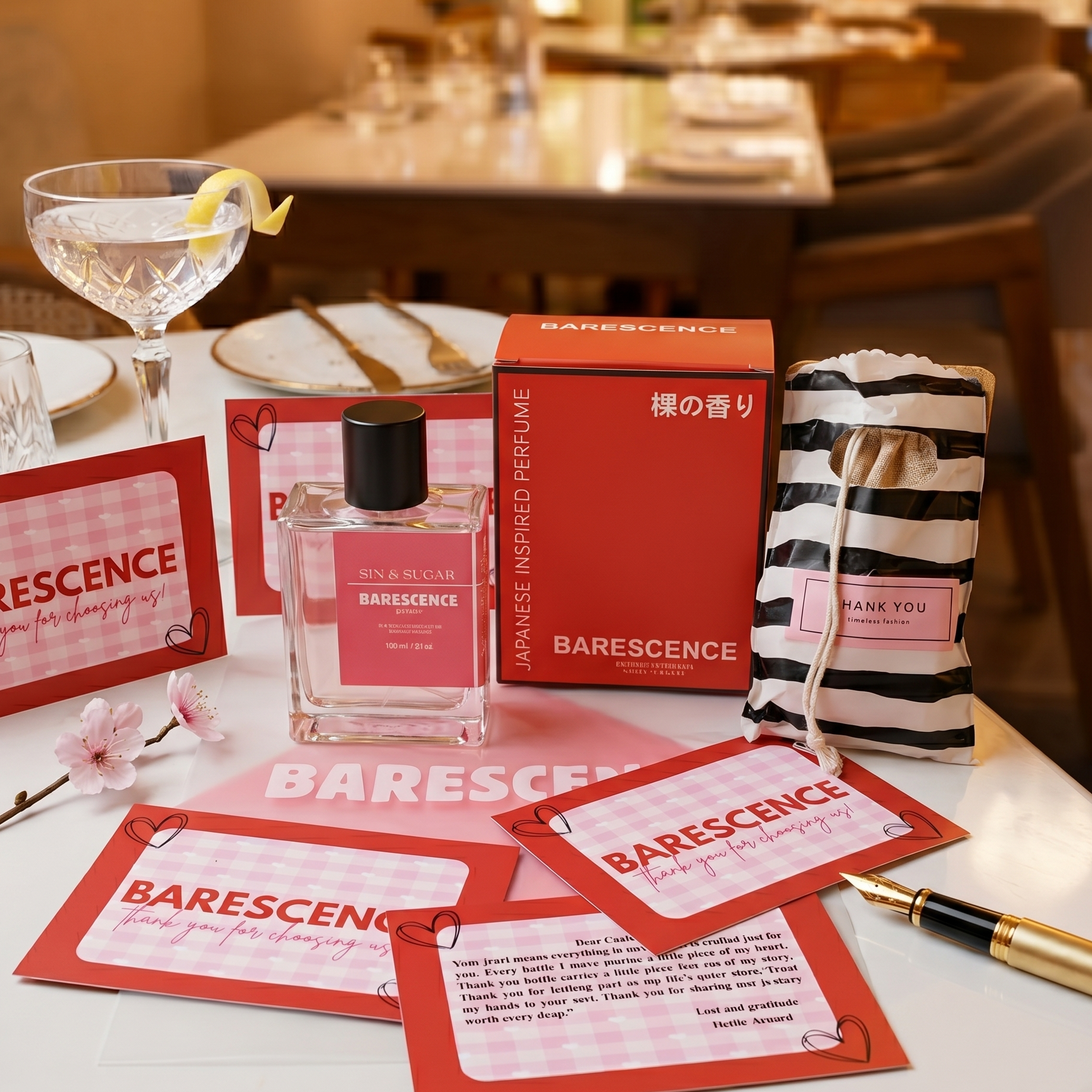 Barescence perfume bottle and packaging on a table with cards and a pen.