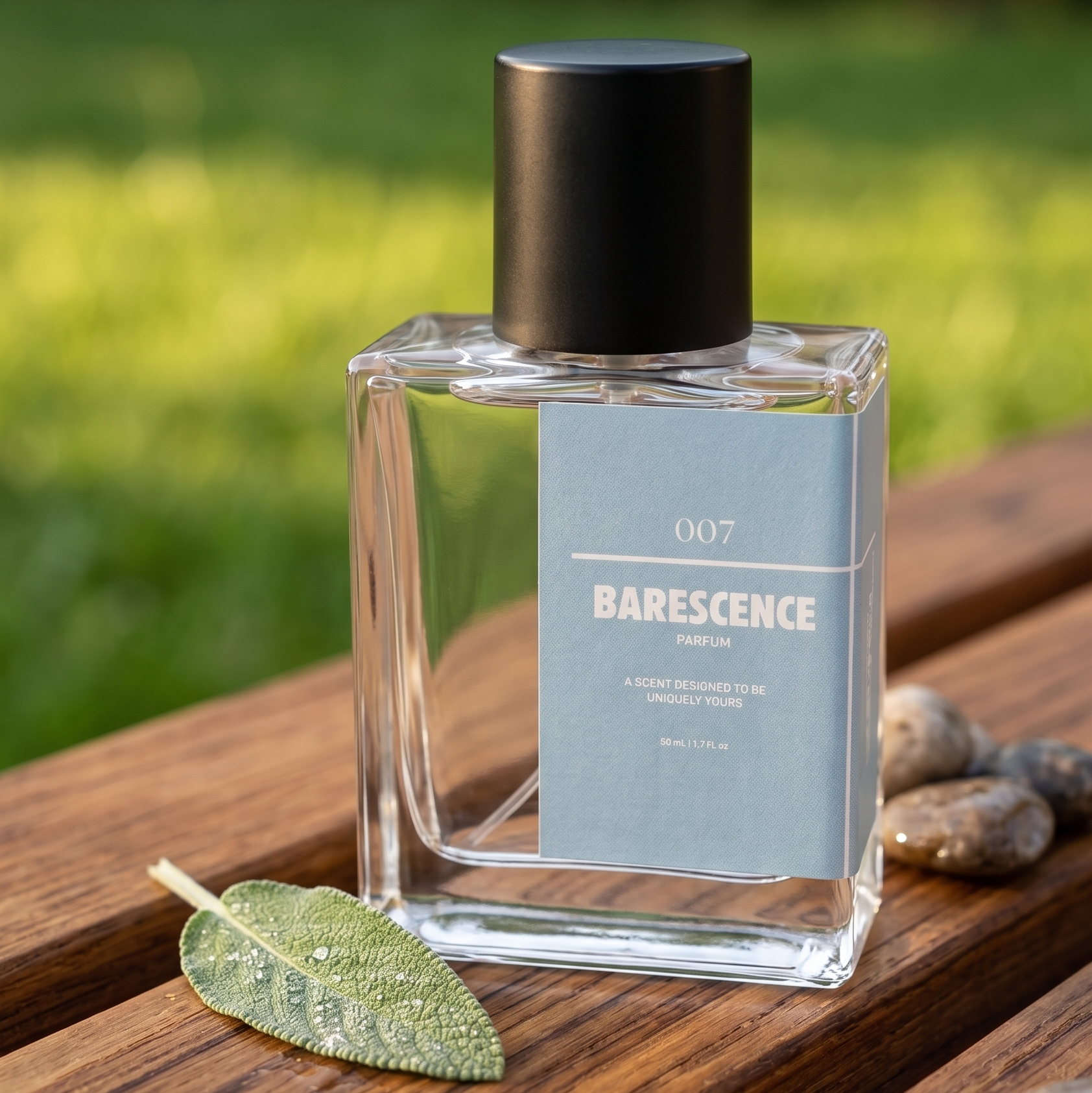 Barescence perfume bottle on a wooden surface with a natural background
