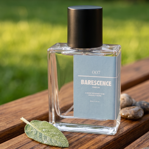 Barescence perfume bottle on a wooden surface with a natural background