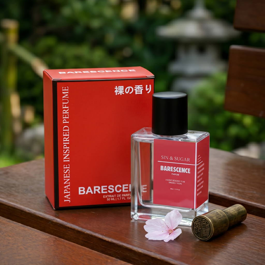 Barescence perfume bottle and packaging on a wooden surface with a blurred natural background
