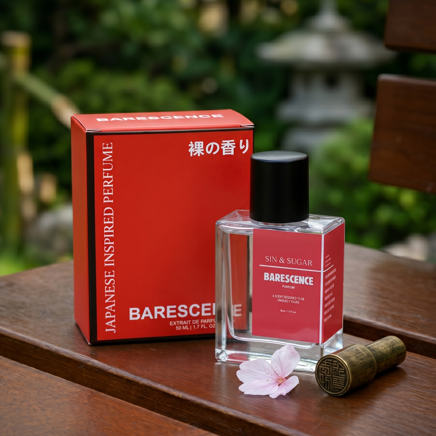 Barescence perfume bottle and packaging on a wooden surface with a blurred natural background