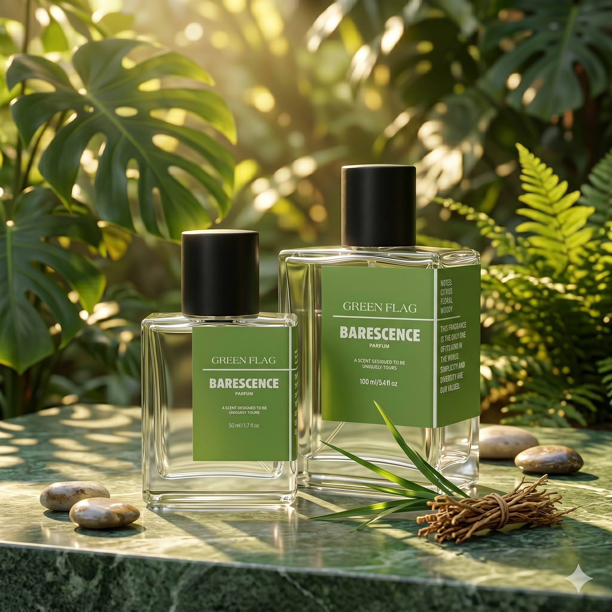 Two bottles of Barescence perfume on a green surface with a natural background