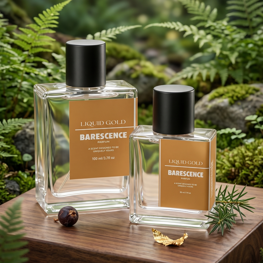 Two bottles of Barescence perfume on a wooden platform with a forest background